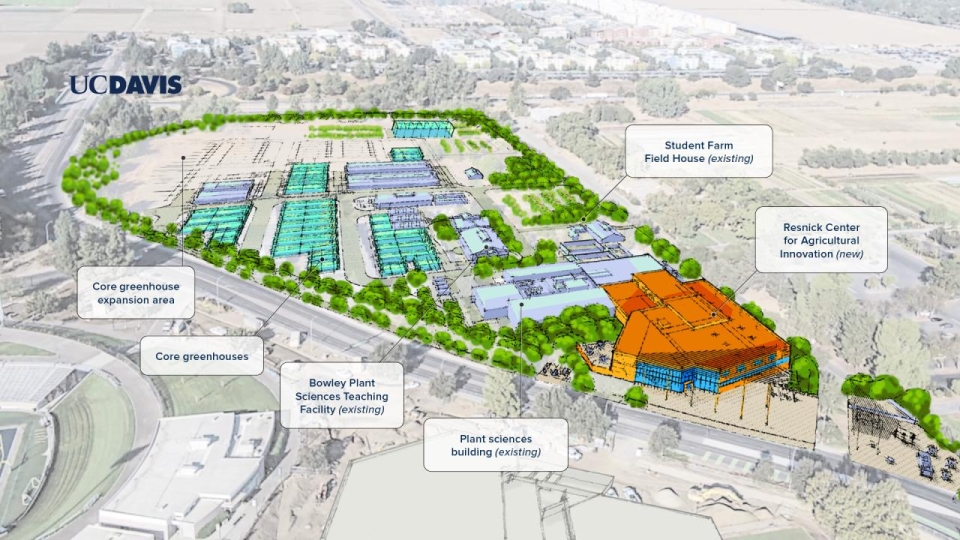 An artistic rendering of the 40,000-square-foot Lynda and Stewart Resnick Center for Agricultural Innovation and its approximate location between Hutchison Drive (toward the bottom of the drawing) and Extension Center Drive (running diagonally in the center right portion of the drawing). The Rec Pool (not shown), at Hutchison and La Rue Road, is on the other side of Extension Center Drive. (UC Davis)