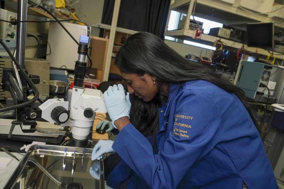 Ph.D. student Silvia Noble Anbunesan works on the clinical application of FLIm in studying brain cancer and metabolism.